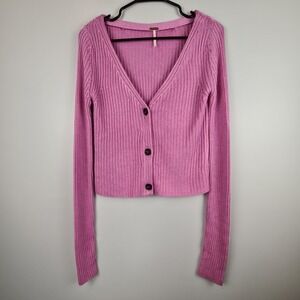 Free People Sloane Women's Size Medium Pink Crop Button- Up Ribbed Cardigan